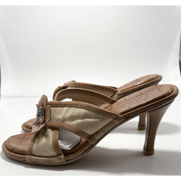 Chanel Camelia Heel Sandals Tan Fabric Leather w/ Blue Bead Accents Y2K Sz 37 7 - Picture 3 of 11